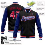 Custom Name Number Varsity Letterman Jacket Black Red-Royal Two Tone Full-Snap Bomber Personalized Black Red-Royal Bomber