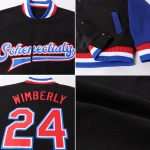 Personalized Two-Tone Black Red-Royal Varsity Bomber Jacket Full-Snap Letterman Personalized Black Red-Royal Bomber Full-Snap