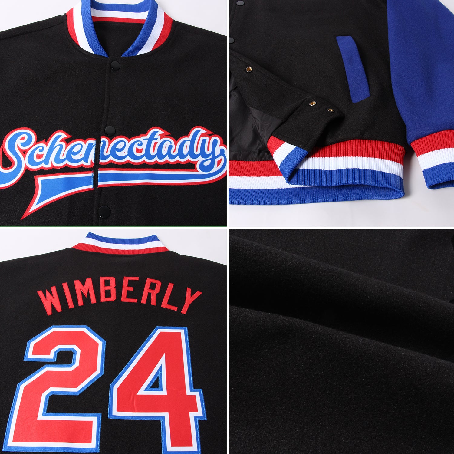 Personalized Two-Tone Black Red-Royal Varsity Bomber Jacket Full-Snap Letterman Personalized Black Red-Royal Bomber Full-Snap - Image 4