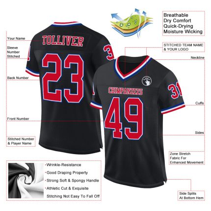 Custom Black Red-Royal Mesh Football Jersey - Personalized Throwback Style Personalized Black Red-Royal Mesh Throwback Football