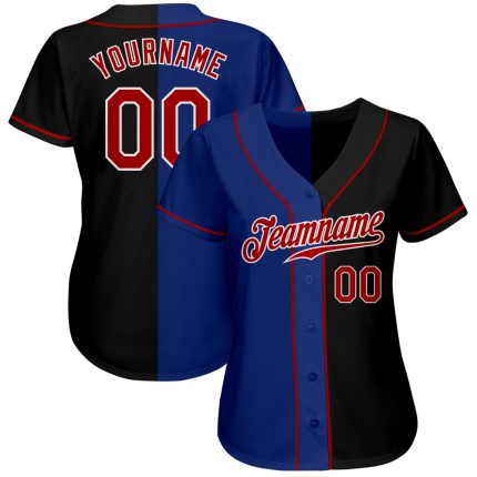 Custom Black Red-Royal Split Fashion Baseball Jersey for Men and Women Personalized Black Red-Royal Split Fashion Baseball