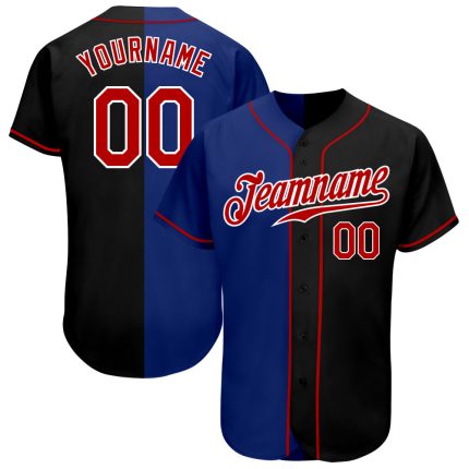 Custom Black Red-Royal Split Fashion Baseball Jersey for Men and Women Personalized Black Red-Royal Split Fashion Baseball