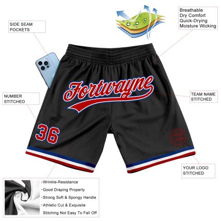 Personalized Throwback Basketball Shorts Red and Black - Custom Team Colors 2 Personalized Black Red-Royal Throwback Basketball