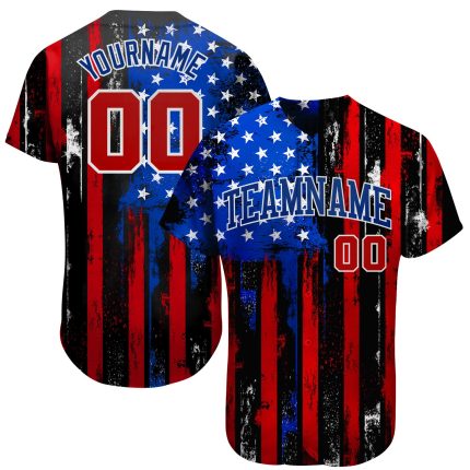 Custom 3D Distressed American Flag Baseball Jersey with Personalized Name and Number - Black Red Royal-White Personalized