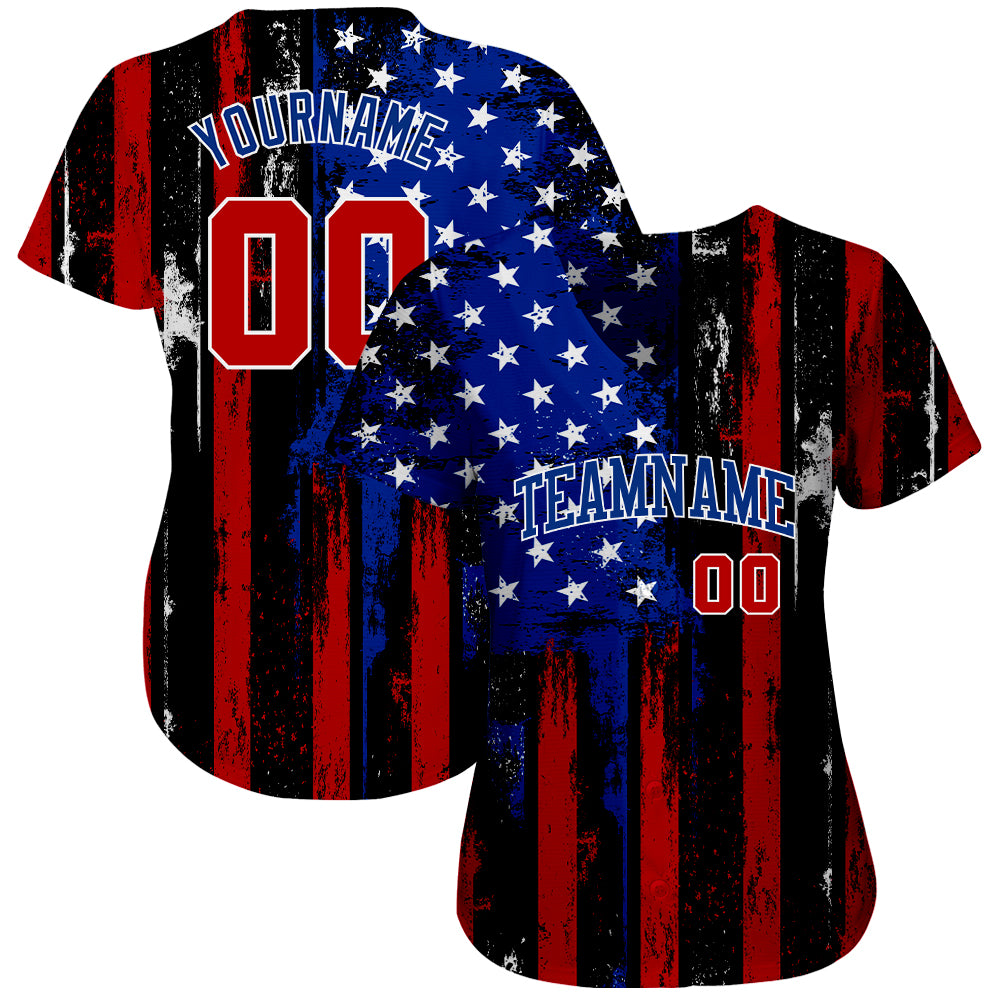 Personalized 3D Distressed American Flag Baseball Jersey in Black, Red, and Royal White Personalized Black Red Royal-White - Image 2
