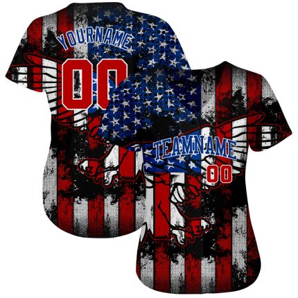 Personalized 3D Eagle American Flag Baseball Jersey - Black Red Royal White Design Personalized Black Red Royal-White 3D