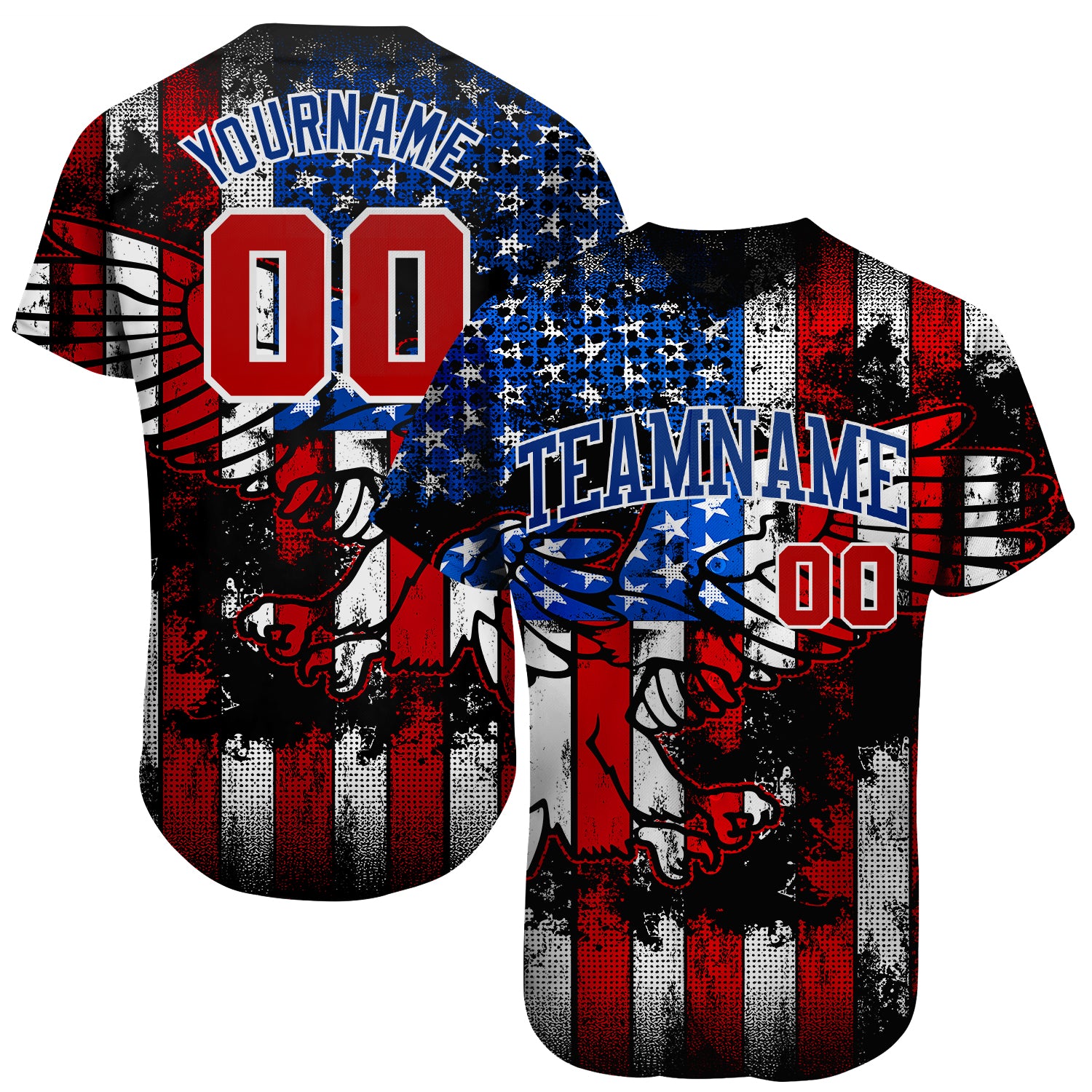 Personalized 3D Eagle American Flag Baseball Jersey - Black Red Royal White Design Personalized Black Red Royal-White 3D
