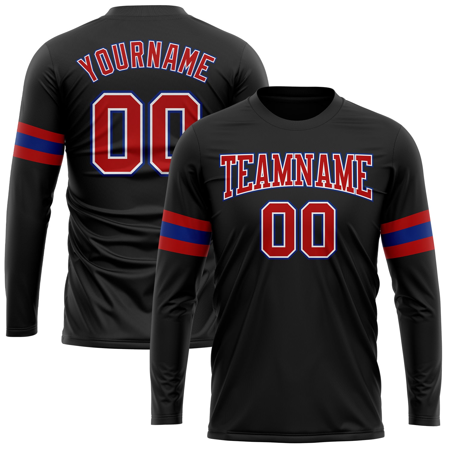 Custom Team Name and Number Long Sleeve Performance T-Shirt - Personalized Black Red Royal-White Design Personalized Black