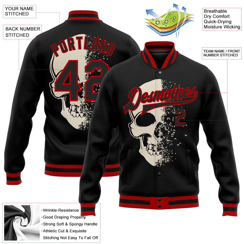 Personalized Black Red Skull 3D Bomber Varsity Letterman Jacket for Men Personalized Black Red Skull Fashion 3D Bomber Full-Snap - Image 5