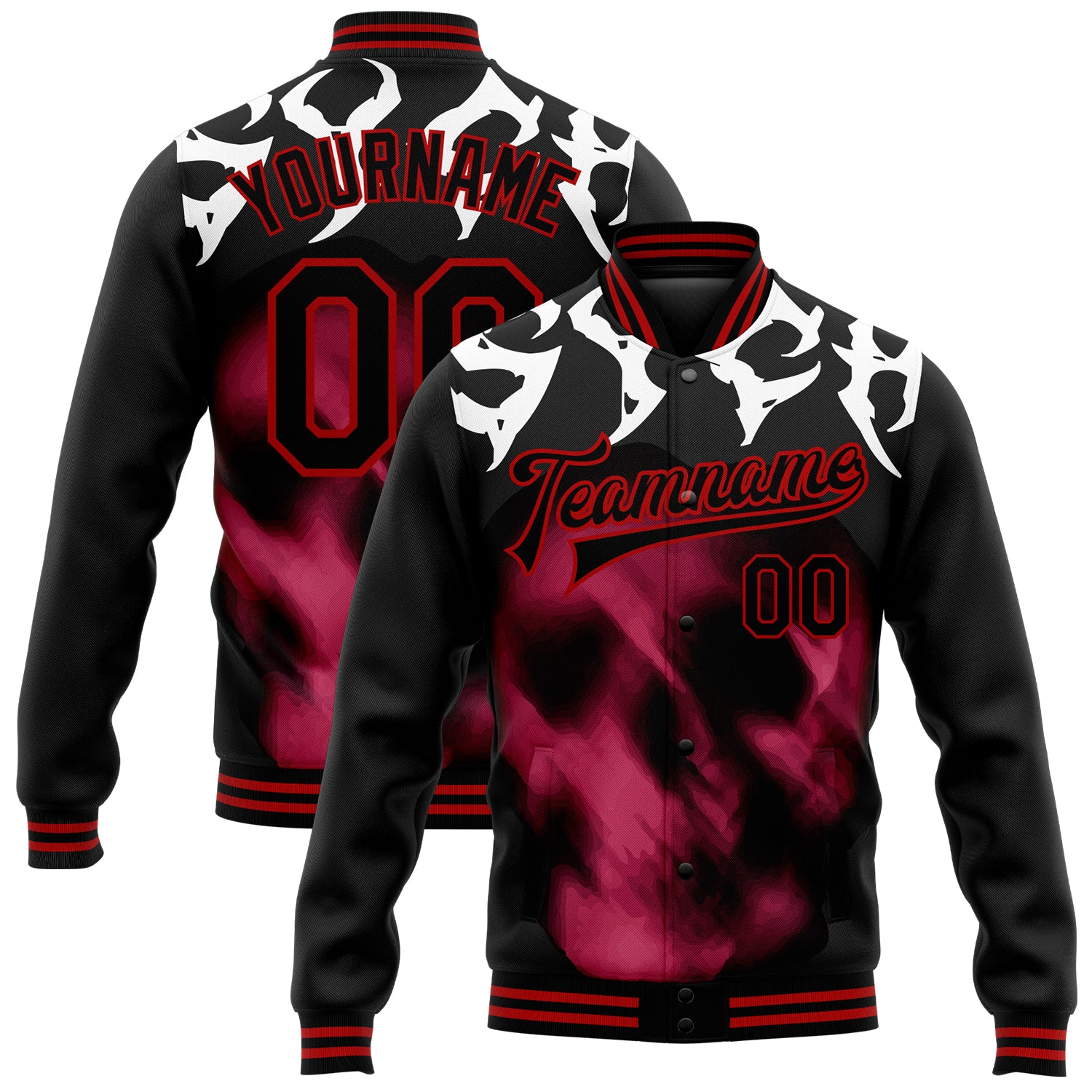 Personalized 3D Black Red Skull Varsity Letterman Bomber Jacket for Men Personalized Black Red Skull Fashion 3D Bomber Full-Snap