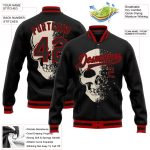 Personalized 3D Black Red Skull Varsity Letterman Jacket Full-Snap Bomber Personalized Black Red Skull Fashion 3D Bomber