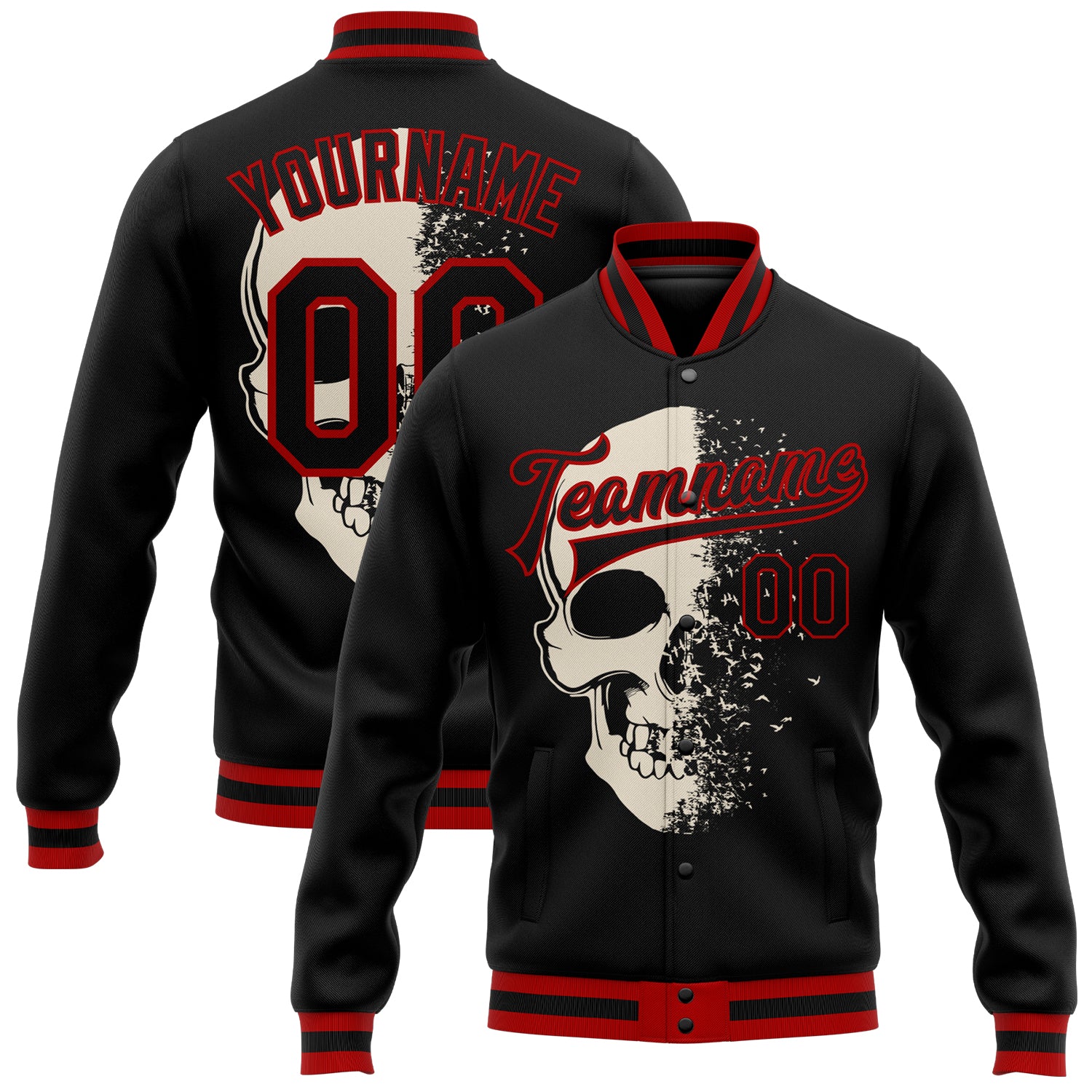 Personalized 3D Black Red Skull Varsity Letterman Jacket Full-Snap Bomber Personalized Black Red Skull Fashion 3D Bomber