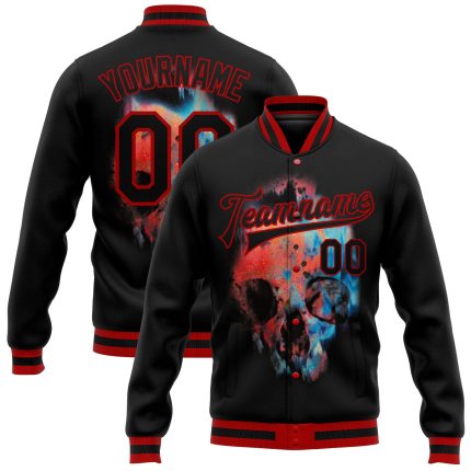Personalized Black Red Skull 3D Bomber Varsity Letterman Jacket for Men Personalized Black Red Skull Fashion 3D Bomber Full-Snap