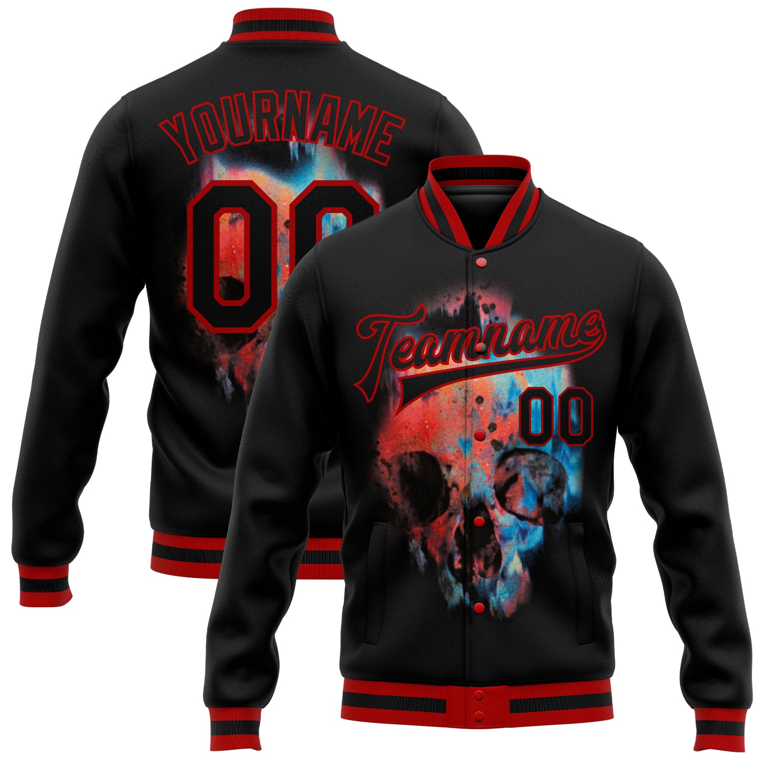 Personalized Black Red Skull 3D Bomber Varsity Letterman Jacket for Men Personalized Black Red Skull Fashion 3D Bomber Full-Snap