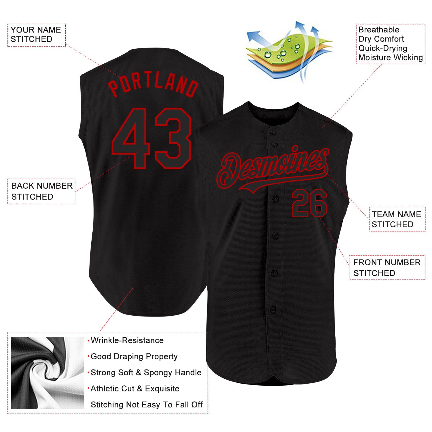 Personalized Black Red Baseball Jersey for Men - Sleeveless Design, Size 2 Personalized Black Red Sleeveless Baseball Jersey - Image 2
