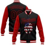 Personalized USA Flag Black Red Spartan Logo 3D Bomber Varsity Letterman Two Tone Jacket Personalized Black Red Spartan Logo
