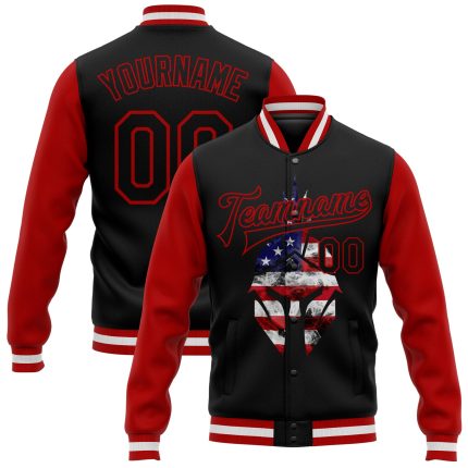 Personalized USA Flag Black Red Spartan Logo 3D Bomber Varsity Letterman Two Tone Jacket Personalized Black Red Spartan Logo
