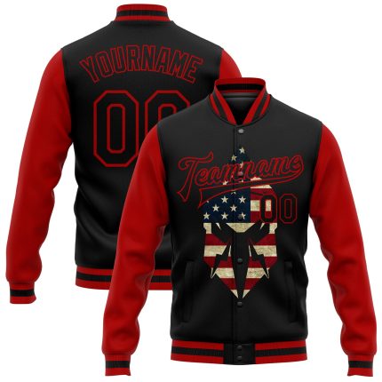 Personalized Vintage USA Flag Black Red Spartan Logo 3D Bomber Varsity Letterman Jacket Personalized Black Red Spartan Logo