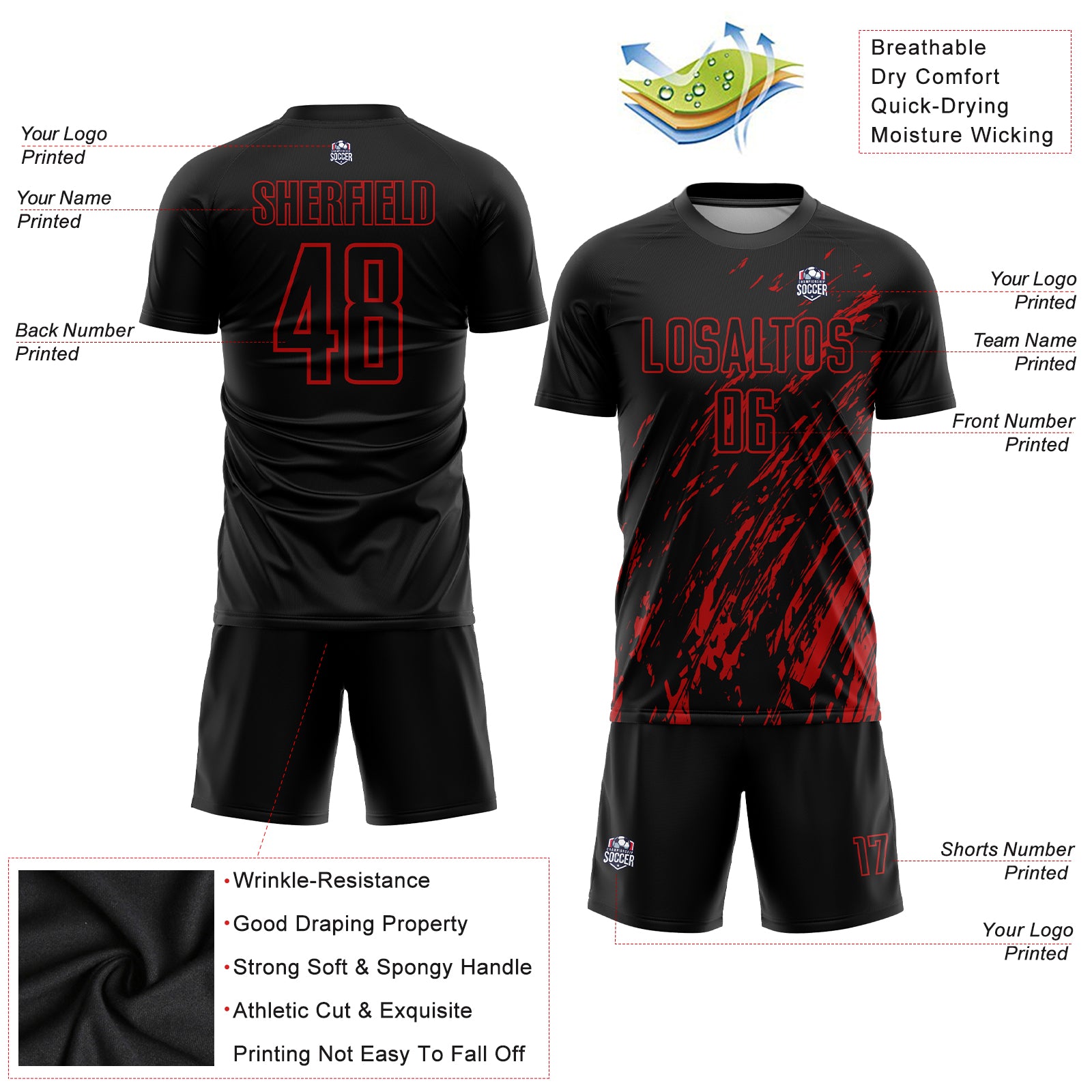 Custom Black Red Soccer Jersey - Personalized Sublimation Uniform 3 Personalized Black Red Sublimation Soccer Uniform Jersey - Image 3