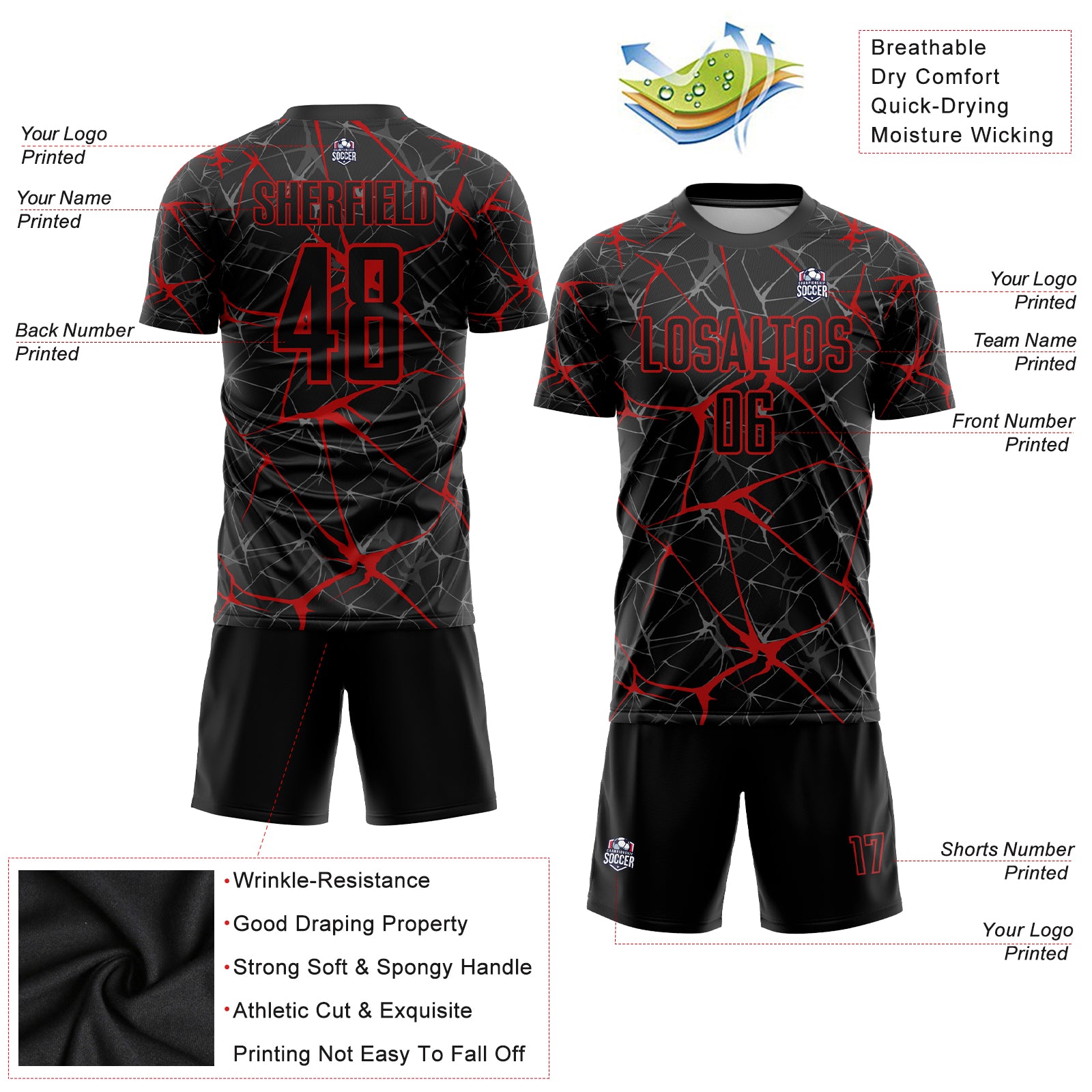 Custom Black Red Soccer Jersey - Personalized Sublimation Uniform for Team 5 Personalized Black Red Sublimation Soccer Uniform - Image 3