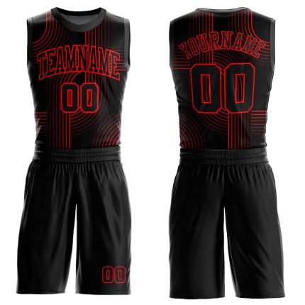 Personalized Basketball Jersey for Men, Black Red Round Neck Sublimation Tracksuit Personalized Black Red Tracks Round Neck