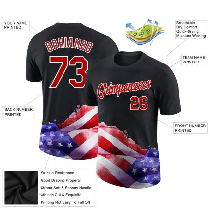 Personalized 3D American Flag Patriotic T-Shirt in Black Red-White Performance Style Personalized Black Red-White 3D American