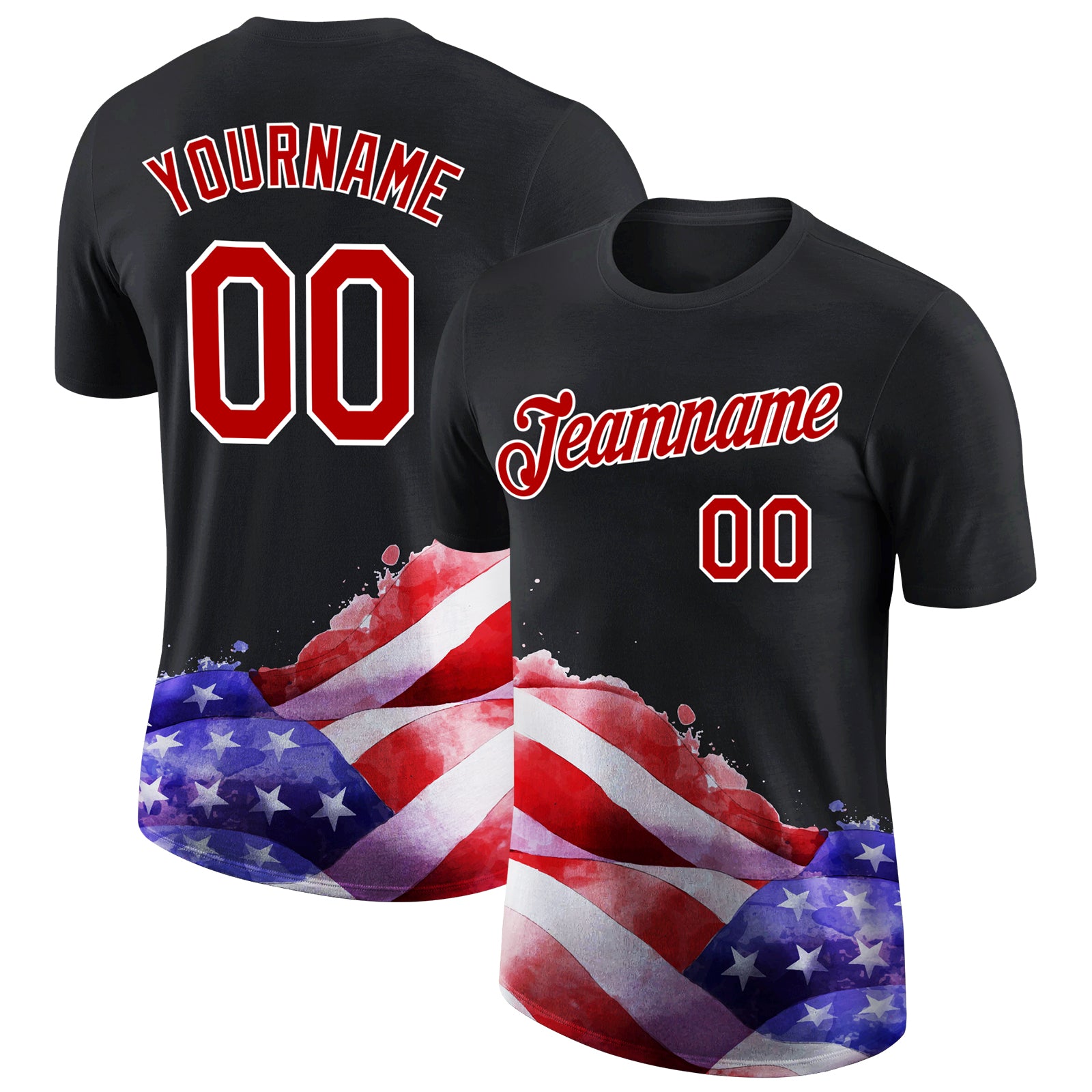 Personalized 3D American Flag T-Shirt - Black Red-White Patriotic Performance Tee Personalized Black Red-White 3D American