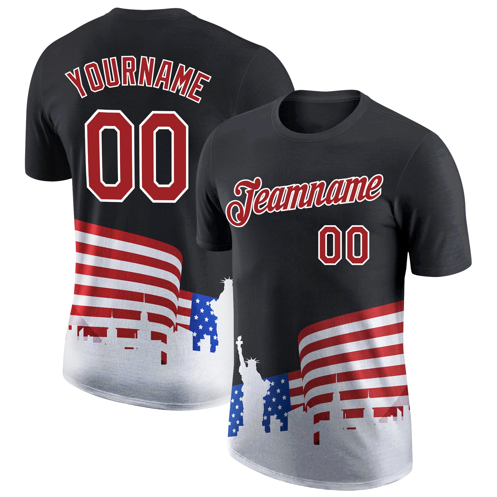 Custom 3D American Flag Performance T-Shirt with Name & Number - Personalized Black Red-White Team Tee Personalized Black