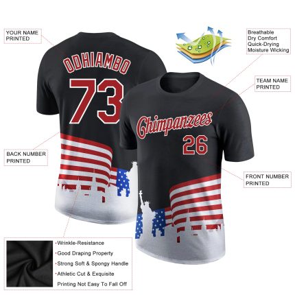 3D American Flag T-Shirt for Men, Personalized Patriotic Performance Tee in Black Red and White Personalized Black Red-White