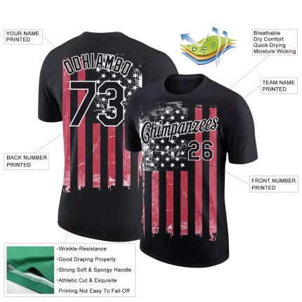 Custom American Flag Performance T-Shirt with Personalized Name & Number - Black Red-White 3D Team Tee Personalized Black