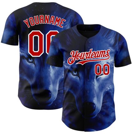 Customizable 3D Wolf Baseball Jersey - Black Red White Design, Unique Personalized Apparel Personalized Black Red-White 3D