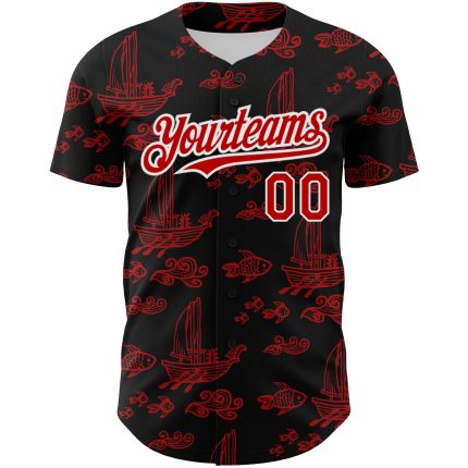 Personalized 3D Boats Fish Baseball Jersey in Black Red-White Design Personalized Black Red-White 3D Boats And Fish Baseball