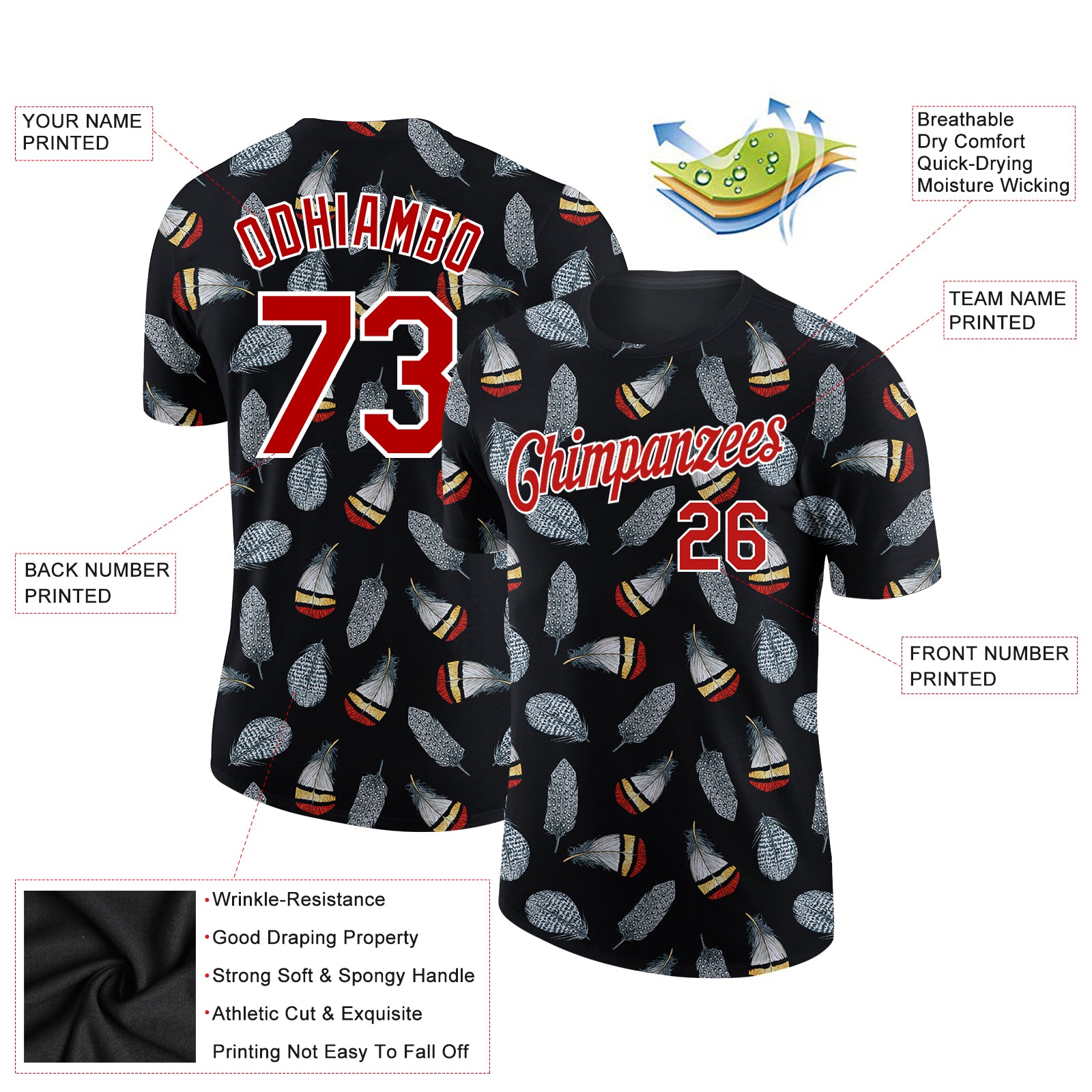 Personalized 3D Feather Performance T-Shirt in Black Red-White for Men and Women Personalized Black Red-White 3D Feather - Image 2