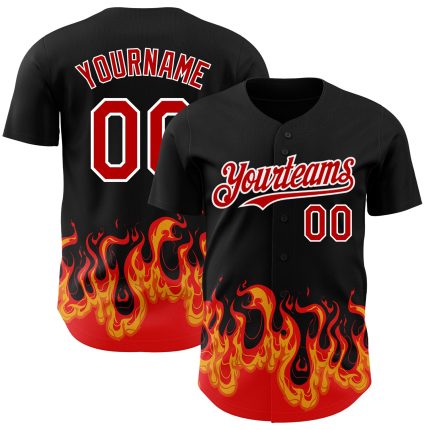 Personalized 3D Flame Baseball Jersey in Black Red and White for Men Personalized Black Red-White 3D Flame Baseball Jersey