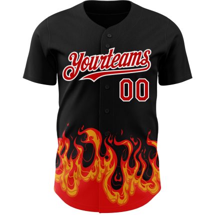 Personalized 3D Flame Baseball Jersey in Black Red and White for Men Personalized Black Red-White 3D Flame Baseball Jersey