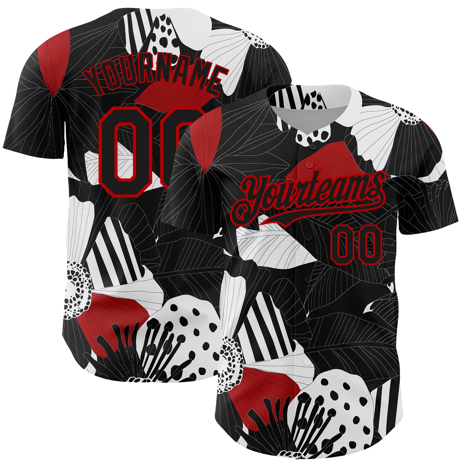 Personalized 3D Flower Baseball Jersey in Black, Red, and White for Custom Style Personalized Black Red-White 3D Flower Baseball
