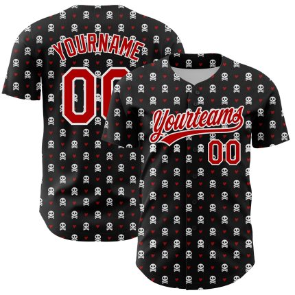 Personalized Gothic Skull Baseball Jersey Custom Name and Number - Black Red-White 3D Style Team Apparel Personalized Black