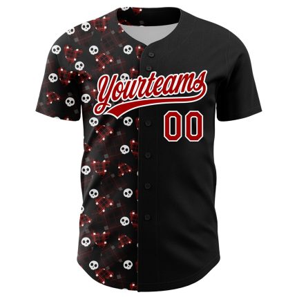 Personalized Gothic Skull Baseball Jersey in Black Red-White 3D Style Personalized Black Red-White 3D Gothic Style Skull