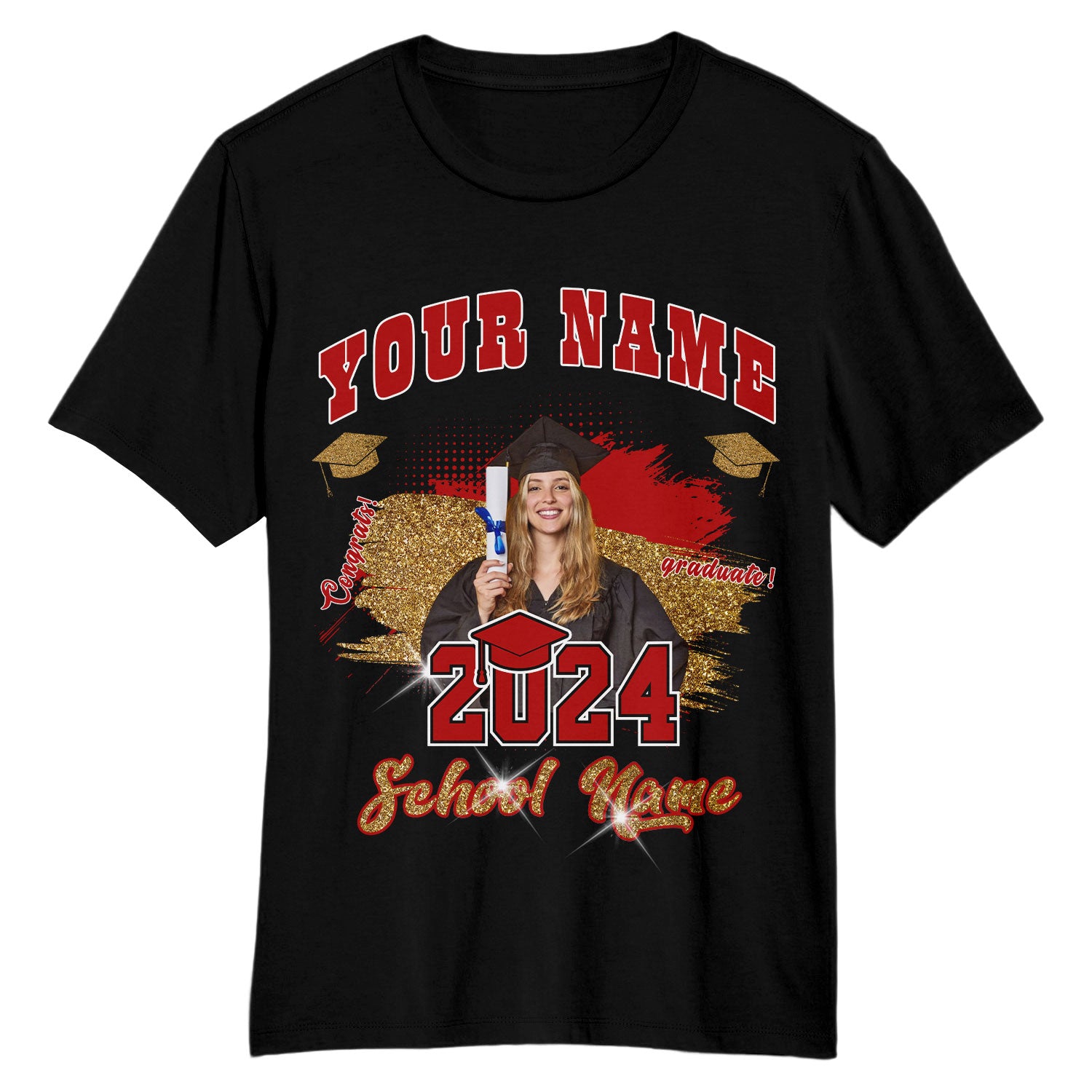 Custom Name and Number 3D Graduation T-Shirt - Personalized Black Red-White Team Apparel Personalized Black Red-White 3D