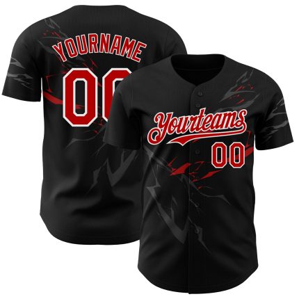Custom 3D Lightning Baseball Jersey in Black Red-White, Personalized Sports Apparel for Fans Personalized Black Red-White