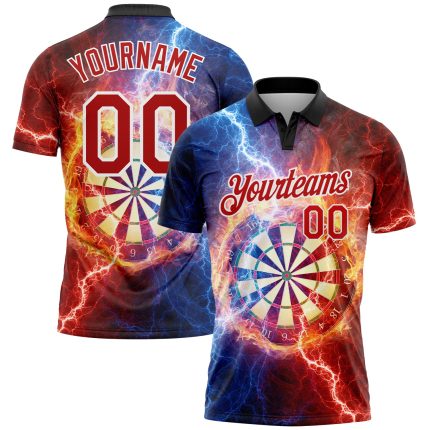 Personalized 3D Lightning Flame Golf Polo Shirt - Black Red-White Performance Apparel Personalized Black Red-White 3D Lightning