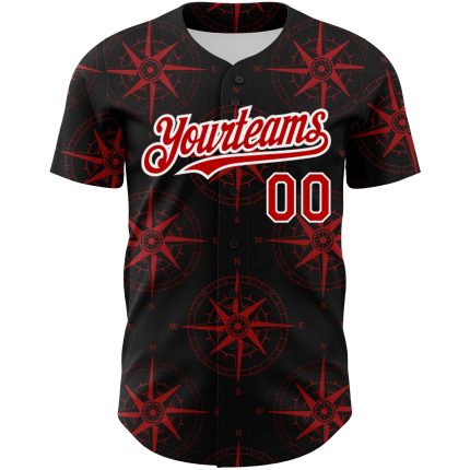 Personalized 3D Navigation Compass Baseball Jersey in Black Red-White Personalized Black Red-White 3D Navigation Compass