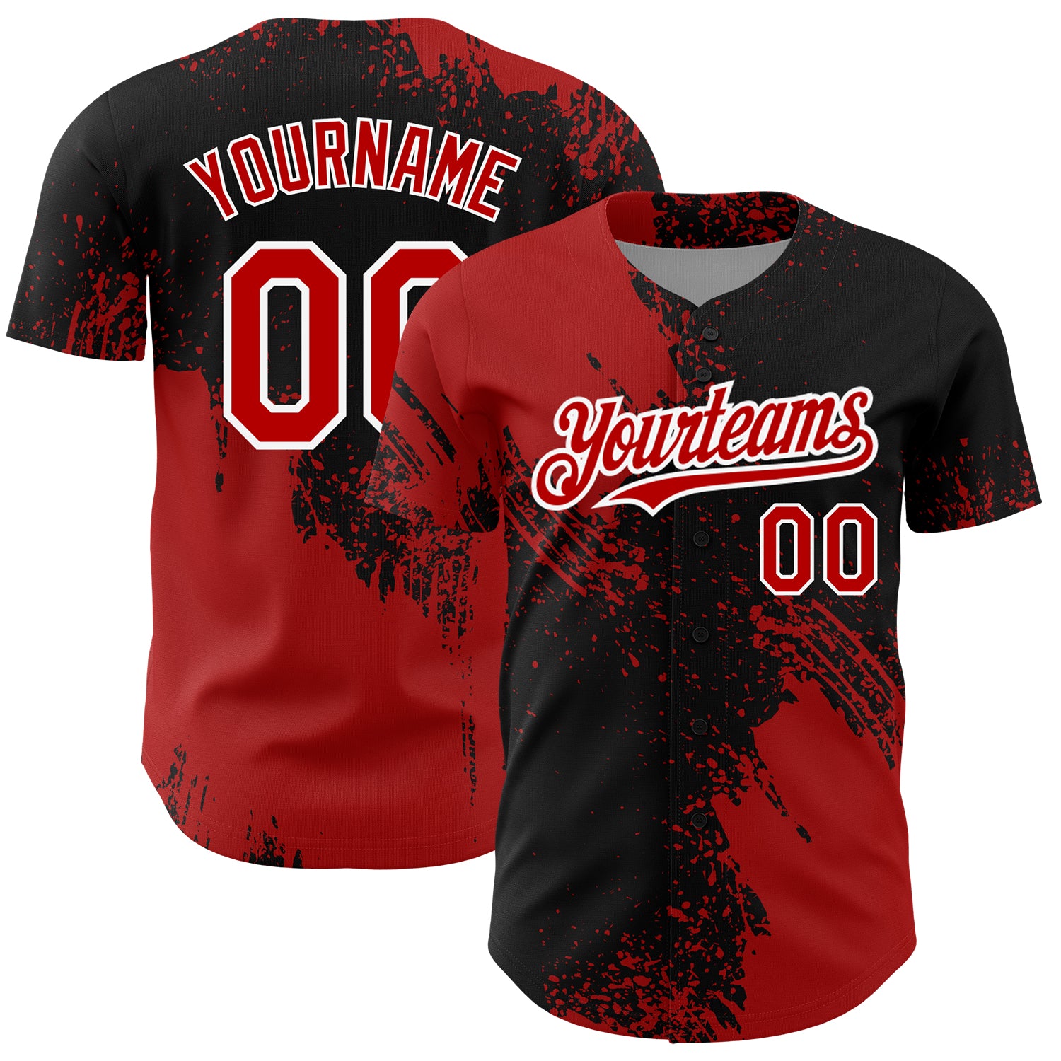 Custom Name and Number Baseball Jersey - Personalized 3D Abstract Brush Stroke Design in Black, Red, and White Personalized