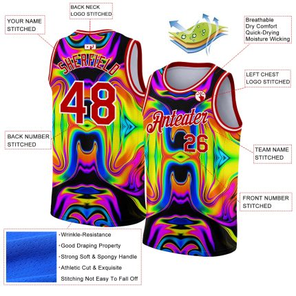 Customizable 3D Pattern Basketball Jersey - Iridescent Psychedelic Swirl Design, Personalized Name & Number, Black Red-White
