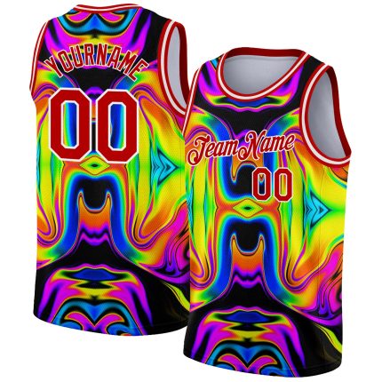 Customizable 3D Pattern Basketball Jersey - Iridescent Psychedelic Swirl Design, Personalized Name & Number, Black Red-White