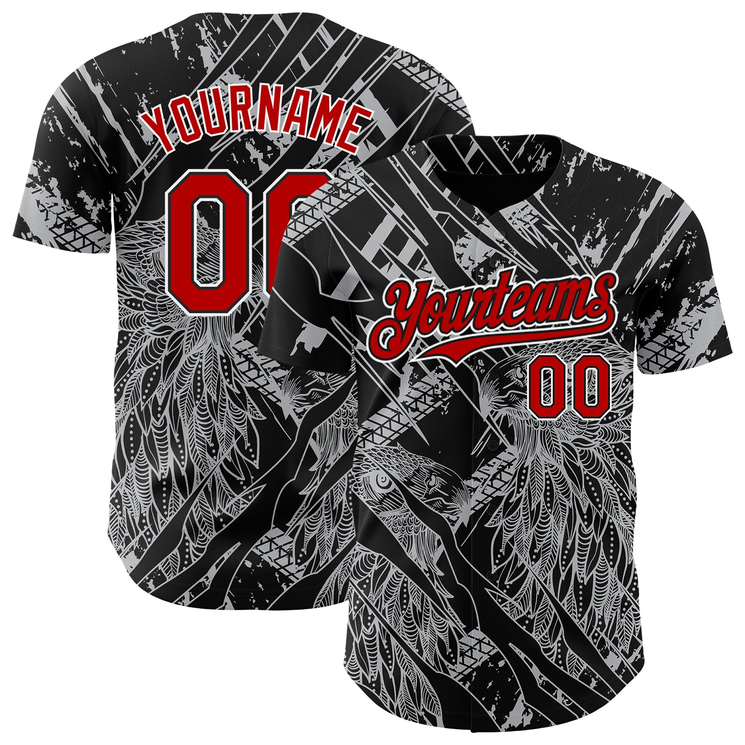 Custom Eagle Baseball Jersey with 3D Black Red-White Pattern - Personalized Name & Number Personalized Black Red-White 3D