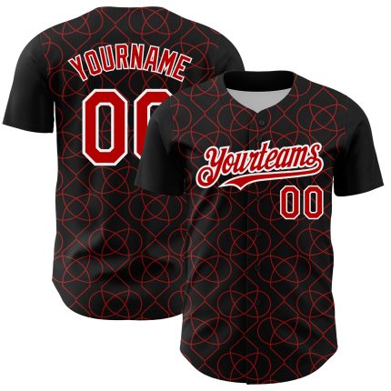 Custom Name and Number Authentic Baseball Jersey - Personalized 3D Arabesque Pattern in Black Red-White Design Personalized