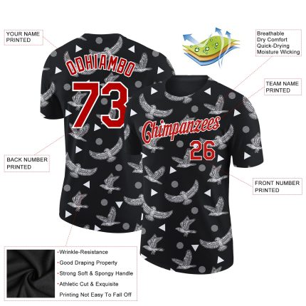 Custom Name and Number Eagle Performance T-Shirt - Personalized 3D Black Red-White Design, Team Apparel Personalized Black