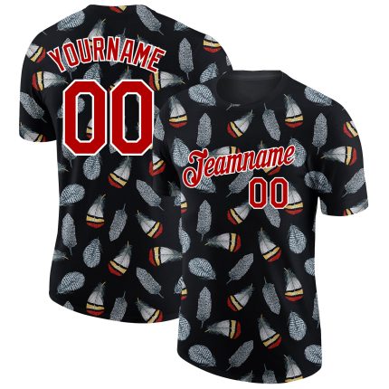 Custom Name and Number Performance T-Shirt - Personalized Black Red-White 3D Pattern Design Feather Team Wear Personalized