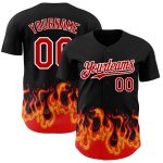 Customizable 3D Flame Pattern Baseball Jersey with Personalized Name & Number - Black Red-White Design Personalized Black